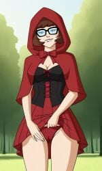 ai_generated ass bigmic145 breasts capelet cartoon_network cleavage corset cosplay female hood panties red_hair red_riding_hood red_riding_hood_(cosplay) scooby-doo scooby-doo!_mystery_incorporated skirt tease teasing velma_dinkley velma_dinkley_(mystery_incorporated)