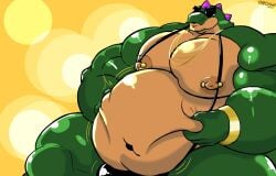 bara black_mankini brawl_stars buff buzz_(brawl_stars) grabbing_belly male male_only mankini orcami_(artist) pierced_nipples sexy yaoi