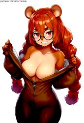 ai_generated brown_fur cleavage cute cute_face eternal_oak furry furry_female glasses mabel_maplebottom red_eyes red_hair squirrel stripper stripping stripping_game thick_glasses tight_clothes tight_clothing twin_braids