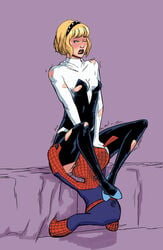 clothing cunnilingus gwen_stacy hairband marvel oral_sex peter_porker pig ripped_clothing saibutts_(artist) spider-gwen spider-ham spider-man_(series) unseen_male_face zoophilia