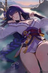 1girl ai_generated bangs blunt_bangs blush braid breasts cleavage female female_only genshin_impact gloves hair_ornament hi_res high_quality high_resolution japanese_clothes kimono large_breasts long_hair looking_at_viewer patreon purple_hair raiden_mei raiden_shogun sash seductive sexy smile solo thighs uncensored very_long_hair water watermark wide_sleeves