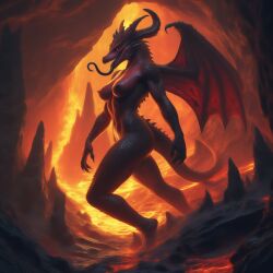 1girls ai_chroma ai_generated bat_wings cavern claws dominant_female dominant_scalie dragon dragon_girl dragon_horns dragon_tail dragon_wings female lava long_tongue mean_smile mini_giantess molten_rock mythological_scalie reptile_humanoid reptile_tail scales scalie scalie_female self_upload silhouetted_body thorns wings