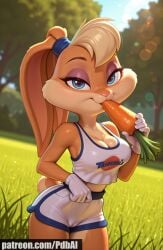 ai_generated anthro breasts bunny_ears bunny_girl carrot furry furry_female large_breasts lola_bunny pdbai shorts space_jam suggestive tagme