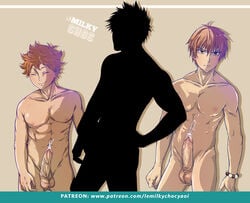 3boys balls closed_eyes crossover cum fruits_basket ginger haikyuu!! kyo_sohma lemilkychoc looking_at_viewer male male_only orange_hair penis shoyo_hinata silhouette uncensored