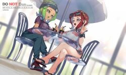 2girls beanie big_breasts breast_on_table green_eyes green_hair jinkoika mev_(mevlingo) nintendo octoling_girl red_hair sandals splatoon talking_to_another