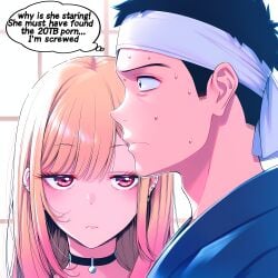 1:1 1boy 1girls ai_generated bandana blonde_hair canon_couple caught choker close-up closed_mouth color couple day discovered duo duo_focus embarrassed english_text eyelashes facing_viewer female from_side front_view gojou_wakana half-closed_eyes hi_res highres indoors izacru0 kitagawa_marin long_hair looking_at_another looking_at_partner looking_away male meme nervous nervous_face nervous_sweat neutral_expression pink_eyes short_hair side_view sono_bisque_doll_wa_koi_wo_suru speech_bubble standing staring staring_at_another straight_hair suspicious sweat sweating sweating_profusely text thought_bubble two_tone_hair very_high_resolution