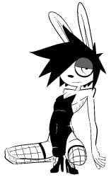 1boy black_hair bunny_ears bunnysuit clothing emo fishnets genderswap_(ftm) goth high_heels i_can't_sleep male nia_(i_can't_sleep) rule_63 rule_63 simple_background solo solo_male squatting white_background