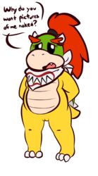 1-upclock 1girls bowser_jr. chubby dinosaur edit english_text female female_only full_body genderswap genderswap_(mtf) mario_(series) nintendo rule_63 scalie shell shortstack solo speech_bubble standing text thick_thighs video_games white_background wide_hips