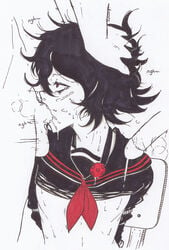 3boys black_hair blowjob deepthroat emo fellatio femboy juuzou_suzuya male/male mark_gavatino oral rape red_eyes saliva school_uniform serafuku skinny throat_fuck tokyo_ghoul trap