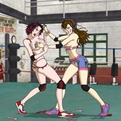 2girls abuse angry angry_face breasts catfight crossover cuntbusting d.va evanime exposed_breasts exposed_pussy female female_only gym hair_pull hair_pulling multiple_girls overwatch overwatch_2 panties pussy ripped_clothing ruby_rose rwby sports_bra sports_shorts sportswear staredown wrestling wrestling_ring