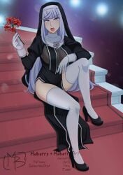 big_breasts breasts cleavage megami_saikou mulberryart nun nun_outfit official_art questionable sideboob thighhighs yandere_simulator