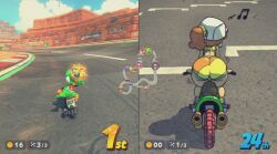 1girls ass big_ass big_butt bike butt crown female green_yoshi mario_(series) mario_kart mario_kart_world mrjamps musical_note nintendo princess_daisy princess_daisy_(swimwear) tagme yoshi