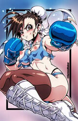 1girls action_pose angry areolae big_breasts big_thighs blue_boxing_gloves blue_gloves blue_panties blush boots boxing boxing_gloves breasts brown_eyes brown_hair bruise busty capcom chun-li curvy curvy_figure dark_brown_hair earrings erect_nipples female female_focus female_only g-string gloves hair_buns hourglass_figure karosu-maker large_breasts legwear light-skinned_female light_skin looking_at_viewer nipples nude nudity pale-skinned_female pale_skin panties pose posing simple_background skimpy skimpy_clothes solo solo_female street_fighter sweatdrop tank_top thick thick_thighs thighhighs thighs thong wide_hips