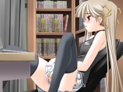 black_legwear blush book bookshelf female hair_ribbon library long_hair masturbation panties ribbon silver_hair sitting skirt solo thighhighs twintails underwear white_panties