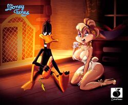 1boy 1girls anthro blue_eyes breasts bunny_ears bunny_tail chimney daffy_duck duck female fur furry high_heels linkartoon lola_bunny looney_tunes ponytail soft_feathers tagme the_looney_tunes_show warner_brothers