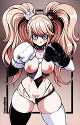 1girls action_pose areolae arm_warmers armwear black_boxing_glove black_glove blue_eyes blush boxing boxing_gloves breasts choker collar curvy curvy_figure danganronpa erect_nipples eyebrows_visible_through_hair female female_focus female_only g-string gloves hair_between_eyes human junko_enoshima karosu-maker large_breasts long_twintails looking_at_viewer mismatched_boxing_gloves mismatched_gloves necktie nipples nude nudity panties platinum_blonde_hair pose posing simple_background skimpy skimpy_clothes smile solo thick thick_thighs thighhighs thighs thong topless topless_boxing twintails white_boxing_glove white_glove wide_hips