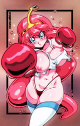 1girls action_pose adventure_time areolae bare_shoulders big_breasts blue_eyes blush boxing boxing_gloves breasts busty cartoon_network clothed clothing crown curvy curvy_figure erect_nipples eyebrows_visible_through_hair eyes_visible_through_hair female female_focus female_only g-string gloves hourglass_figure karosu-maker large_breasts legwear long_hair looking_at_viewer mostly_nude nipples nude nudity pink_hair pink_skin pose posing princess princess_bubblegum punch red-pink_boxing_gloves simple_background skimpy skimpy_clothes solo solo_female stockings tank_top thick thick_thighs thighhighs thighs thong very_long_hair wide_hips