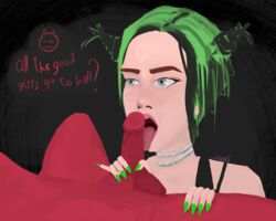 1boy 1girls absurd_res big_penis billie_eilish blowjob celebrity croqs defeated domination fellatio female femsub green_hair grey_eyes hi_res high_resolution highres humiliation male maledom musician open_mouth oral penis portrait real_person red_skin straight unseen_male_face