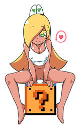 ?_block blonde_hair bottomless erect_nipples erect_nipples_under_clothes feet gokuu_(acoloredpencil) green_eyes heart-shaped_pupils koopa koopa_girl legs_spread looking_down mario_(series) nintendo question_block sitting super_mario_bros. white_background