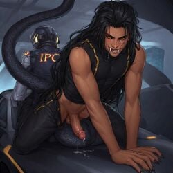 1boy ai_generated background_character bisexual_male black_hair black_nails car car_hood crawling_pose criminal dripping_precum fangs fangs_out half-dressed intense_stare ipc_outfit long_hair male oc oc:apollo_zmei orange_eyes original_character precum sharp_nails smiling_at_viewer smirking snake snake_humanoid tanned_male tanned_skin tempting