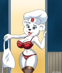 anthro apron big_breasts bimbo_(bakery) bimbo_bear bimbo_bread blue_eyes bra breasts chaosknight_1 chef_hat cleavage clothed clothing female fur grupo_bimbo hat headgear headwear hi_res holding_clothing legwear lingerie mammal mascot open_mouth open_smile panties polar_bear seductive smile solo stockings thick_thighs thigh_highs underwear ursid ursine white_body white_fur wide_hips