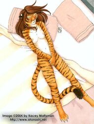 2004 anthro bed breasts brown_hair closed_eyes felid female fingering furniture hair hand_covering_pussy kacey mammal masturbation nipples nude pantherine solo tiger