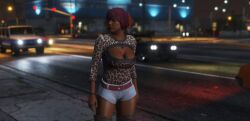 3d 3d_(artwork) absurd_res beautiful_woman belt blurred_background booty_shorts brown_eyes brown_high_heel_boots brown_thighhighs cheetah_print cleavage dark_skinned_female edited_screencap exposed_cleavage expressionless grand_theft_auto grand_theft_auto_online grand_theft_auto_v gta_prostitute heart_necklace huge_breasts los_santos mature_woman rockstar_editor rockstar_games short_hair short_shirts shorts toomtheraccoon unbothered uncaring_female violet_hair wide_hips
