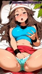 1girls 2025 ai_generated artist_name bed blush bow bow_panties breast_grab breasts breasts breasts brown_eyes brown_hair bust chest electroworld female fingering grabbing green_panties hand_in_panties hat heart heart-shaped_pupils hi_res high_quality high_resolution highres laying_down leaf_(pokemon) legs_apart legs_spread long_hair lying lying_on_back on_back on_bed open_legs open_mouth panties patreon patreon_username pillow pokemon pussy_juice red_skirt self_fondle skirt splayed_legs spread_legs stable_diffusion sweat symbol-shaped_pupils underwear watermark wristband