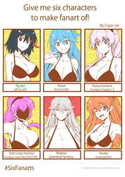 2020 6girls :< aqua_(konosuba) aqua_eyes aqua_hair armpits artist_name asuka_langley_sohryu bikini bikini_top black_bikini black_hair black_hairband blue_eyes braid breasts character_name cigar_cat cleavage clenched_teeth english_text eyebrows_visible_through_hair faceless faceless_female female female_only granblue_fantasy grin hair_between_eyes hairband hat highlights highres honkai_(series) honkai_impact_3rd huge_breasts kiana_kaslana kill_la_kill kono_subarashii_sekai_ni_shukufuku_wo! kyokou_suiri large_breasts long_hair looking_at_viewer low_twintails magisa_(granblue_fantasy) matching_hair/eyes matoi_ryuuko medium_breasts multiple_girls nanase_karin neon_genesis_evangelion no_face one_eye_closed open_mouth polka_dot polka_dot_background purple_hair red_highlights sideboob silver_eyes silver_hair simple_background six_fanarts_challenge smile steel_lady_nanase swimsuit teeth text tied_hair tongue twin_braids twintails v white_background white_hair wink