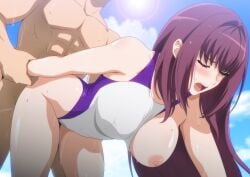 1boy1girl arm_grab blush blushed_face blushing boobs boobs_out doggy_style doggystyle eyes_closed fate/grand_order fate_(series) hand_grab hand_on_arm hara_(harayutaka) hi_res high_resolution highres long_hair male moaning nipples open_mouth outside penetration purple_hair scathach_(fate) sweat sweating swimsuit swimwear teeth upper_teeth upper_teeth_only wet