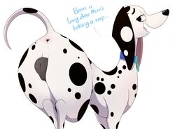 101_dalmatian_street 101_dalmatians 1dog 1female animal_anus animal_genitalia animal_pussy anthro anthro_female anthro_focus anthro_only anthro_solo anus ass big_ass big_butt black_nose black_spots blue_collar blue_text butt canid canine canine_anus canine_genitalia canine_pussy canis collar dalmatian delilah_(101_dalmatians) dialogue disney dog dog_collar domestic_canine domestic_dog english_dialogue english_text eye_bags felris female female_anthro female_dog female_focus female_only feral feral_female feral_focus feral_only furry genitalia half-closed_eyes huge_ass huge_butt large_ass large_butt long_ears long_snout looking_at_viewer looking_back mammal multicolored_body multicolored_fur open_mouth open_smile plump_ass plump_butt plump_pussy presenting presenting_hindquarters presenting_pussy pussy raised_tail rear_view smile smiling solo solo_anthro solo_female solo_feral solo_focus spots spotted_body tail_raised text thick_thighs thighs thin_tail tired tired_expression tired_eyes tired_look white_background white_body white_fur white_spots