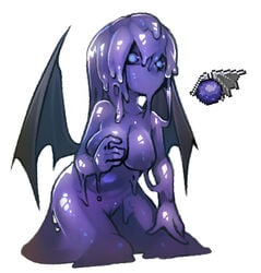 areola breasts female genitals goo_creature goo_humanoid humanoid inverted_nipples monster_girl mouthless nipples nude nyong_nyong pussy reference_inset simple_background slime slime_girl slimer_(terraria) solo terraria white_background wings