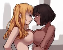 artist_request blonde_hair blonde_hair breasts breasts_pressed_against_partner catfight interracial original_character staredown tagme wrestling