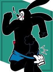 background balls black_body blue_pants blush blush_lines bunny_tail caught_off_guard disney exposed exposed_ass exposing floating_hand hand male male_focus male_only oswald_(character) oswald_the_lucky_rabbit pants pants_down pulling_down_pants rabbit rabbit_humanoid self_upload sohornyraccoon surprised surprised_expression tagme tugging_clothing walking watermark