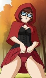ai_generated ass bigmic145 breasts capelet cartoon_network cleavage corset cosplay female hood panties red_hair red_riding_hood red_riding_hood_(cosplay) scooby-doo scooby-doo!_mystery_incorporated skirt tease teasing velma_dinkley velma_dinkley_(mystery_incorporated)