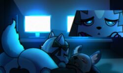 1boy 1girls 2girls :< acresyy aggressive_retsuko animal animal_ear_fluff animal_ears animal_hands animal_nose anthro ass bags_under_eyes bangs bed black_bow black_ribbon blue_eyes blunt_bangs blush body_fur bow bright_pupils clothing computer computer_monitor dark duo feet female from_behind fur furniture furry furry_female genitals grey_fur haida haida_(aggretsuko) hair_ribbon half-closed_eye half-closed_eyes hands_up hyena indoors injury jitome looking_at_another looking_at_viewer lying makeup male mammal monitor multiple_girls night nude on_bed on_side on_stomach open_mouth raised_eyebrows ribbon sex sharp_teeth shikabane_(aggretsuko) short_hair skunk skunk_girl snout tail teeth television two-tone_fur vaginal_sex white_eyes white_fur white_pupils