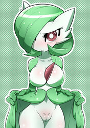 1girls anthro anthrofied big_breasts big_eyes blush chesterzee cleavage exposed_pussy eye_contact female female_only gardevoir gokubuttonzee green_hair green_skin hair_over_one_eye humanoid innie_pussy large_breasts looking_at_viewer nintendo no_panties pokémon_(species) pokemon pokemon_(species) pokemon_rse presenting presenting_pussy pussy red_eyes short_hair shoulder_length_hair shy shy_smile skirt_lift smile solo thick_thighs white_skin