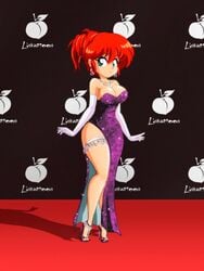 1girls breasts canon_genderswap clothing dress female female_only garter genderswap_(mtf) high_heels linkartoon ponytail purple_dress ranma-chan ranma_1/2 ranma_saotome red_hair rule_63 sequin_dress solo tagme