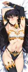 1girls arm_bracelets armpits arms_up black_hair black_panties blush body_pillow breasts divine_slut earrings embarrassed fate/grand_order fate_(series) female goddess ishtar_(fate) jewelry laying_down light-skinned_female long_hair looking_away medium_breasts naughty_face navel necklace offering_to_viewer one_thighhigh orange_maru red_eyes ribbons seductive thick_thighs thighs tummy white_bra