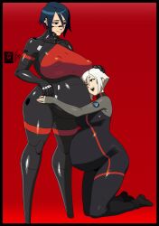 2girls android ariane_yeong big_belly big_breasts blue_eyes blue_hair bodysuit breasts clothed clothing elster_(signalis) female female_only full_body fully_clothed fungus-man hand_on_head human kneeling large_breasts light-skinned_female light_skin looking_at_another love mechanical pregnant red_background red_eyes robot robot_girl sfw short_hair signalis standing white_hair yuri yuri