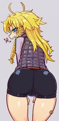 1girls ass bent_over bike_shorts blonde_hair blue_eyes booty_shorts dat_ass female female_focus female_only fully_clothed grey_background human human_only looking_at_viewer looking_back mary_steinberg no_guns_life simple_background thetenk thighs