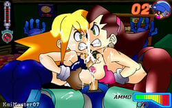 1boy 2girls alternate_version_available angry angry_face angry_sex ass bike_shorts blonde_hair breasts breasts_frottage brown_hair capcom clothed competition competitive_sex cum cum_on_body cum_on_breasts cum_on_clothes cum_on_face cum_on_hair cum_on_self cum_on_upper_body cumshot double_paizuri double_titfuck female fighting_over_boy gloves grabbing_own_breast grabbing_own_breasts green_eyes health_bar human large_ass love_triangle male mammal mega_man mega_man_legends mega_man_volnutt rivals roll_caskett thekaimaster07 thesquiddycipher threesome topless tron_bonne