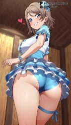 ai_generated ass ass_focus blue_eyes blue_headwear blue_panties blush bow breasts brown_hair center_frills dress female frilled_dress frills from_behind from_below grin hat heart indoors large_breasts layered_skirt leg_ribbon looking_at_viewer looking_back love_live! love_live!_sunshine!! mini_hat mykibuu panties ribbon short_hair short_sleeves smile solo standing swept_bangs teeth thigh_ribbon thigh_strap thighs top_hat trefoil underbutt underwear watanabe_you wooden_wall