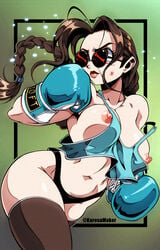 1girls action_pose areolae ass bare_midriff bare_shoulders biceps big_breasts black_panties boxing boxing_gloves braid breast_slip breasts breasts_out brown_eyes brown_hair bruise bubble_butt busty butt clothed clothing collarbone cyan_boxing_gloves cyan_gloves dark_brown_hair erect_nipples eyewear female female_focus female_only g-string gloves hourglass_figure human karosu-maker lara_croft lara_croft_(classic) large_breasts legwear light-skinned_female light_skin lips long_hair looking_over_eyewear looking_over_glasses mostly_nude navel nipples nude nudity pale-skinned_female pale_skin panties pinup pose posing red-tinted_eyewear simple_background skimpy skimpy_clothes solo solo_female sunglasses tank_top thick thick_thighs thighhighs thighs thong tied_hair tinted_eyewear tomb_raider toned toned_female wide_hips