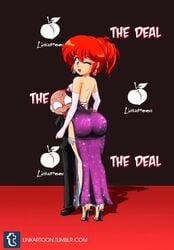 blue_eyes breasts canon_genderswap clothing dress eyeshadow female genderswap_(mtf) happosai high_heels linkartoon ponytail purple_dress ranma-chan ranma_1/2 ranma_saotome red_hair redhead rule_63 sequin_dress tagme wink