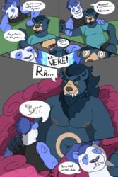 2:3 absurd_res anthro baron_montesque blood blue_body blue_fur bodily_fluids cel_shading clothing comic dialogue duo english_text fangs fur giant_panda green_eyes hi_res lycanthropy male male/male mammal monty_(baron_montesque) musclegut navel nipples nosebleed otto_(baron_montesque) overweight size_difference slightly_chubby smoke tattoo text transformation ursid were wereursid