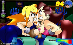 1boy 2girls alternate_version_available angry angry_face angry_sex ass bike_shorts blonde_hair breasts breasts_frottage brown_hair capcom clothed competition competitive_sex cum cumshot double_paizuri double_titfuck female fighting_over_boy gloves grabbing_own_breast grabbing_own_breasts green_eyes health_bar human large_ass love_triangle male mammal mega_man mega_man_legends mega_man_volnutt rivals roll_caskett thekaimaster07 thesquiddycipher threesome topless tron_bonne