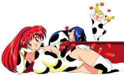 3girls 90s ^o^ akira_(viper) bare_shoulders blonde_hair blue_hair blush bow bracelet braid breast_squish breasts carrot chibi closed_eyes clothing cow_costume cow_girl cow_print drooling drunk elbow_gloves eyebrows_visible_through_hair female female_only food fruit full_body glasses gloves hair_ribbon hand_on_hip highres juggling karin_(viper) kimura_takahiro kotatsu large_breasts leotard long_hair long_ponytail long_twintails looking_at_viewer low_ponytail lying mandarin_orange matching_hair/eyes multiple_girls official_art on_side on_table open_mouth ponytail raised_leg red_eyes red_hair ribbon ring saki_(viper) saliva_drip saliva_trail simple_background smile sogna stockings table thick_thighs thighhighs thighs tied_hair twin_braids twintails very_long_hair viper_(series) viper_v16 white_background year_of_the_ox zettai_ryouiki