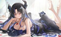 big_breasts black_hair cleavage feet_up female female_only hololive hololive_english horns large_breasts long_hair lying_on_stomach nerissa_ravencroft virtual_youtuber vtuber
