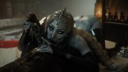 1boy 1girls 3d baldur's_gate_3 balls big_penis dark-skinned_male dark_skin fantasy female foreskin hand_on_penis leeterr male oral oral_sex orin_the_red penis sucking sucking_balls uncircumcised uncut veiny_penis white_eyes